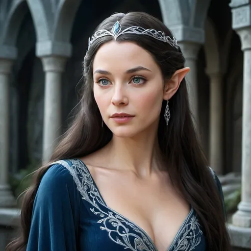 Prompt: Create a highly detailed portrait of Brazilian actress Lis Del Castilho as Arwen Undómiel from 'The Lord of the Rings.' Use visual references from her Instagram (@lisdelcastilho) to capture her unique features. The style should reflect Peter Jackson's films, with Lis depicted in a flowing, deep-blue Elvish gown adorned with silver embroidery. Her hair should be long, dark, and slightly wavy, cascading over her shoulders. She stands in the enchanting Rivendell, surrounded by ancient architecture and glowing light. Her expression is serene and filled with a quiet strength, embodying the grace and beauty of Arwen as portrayed in the movies