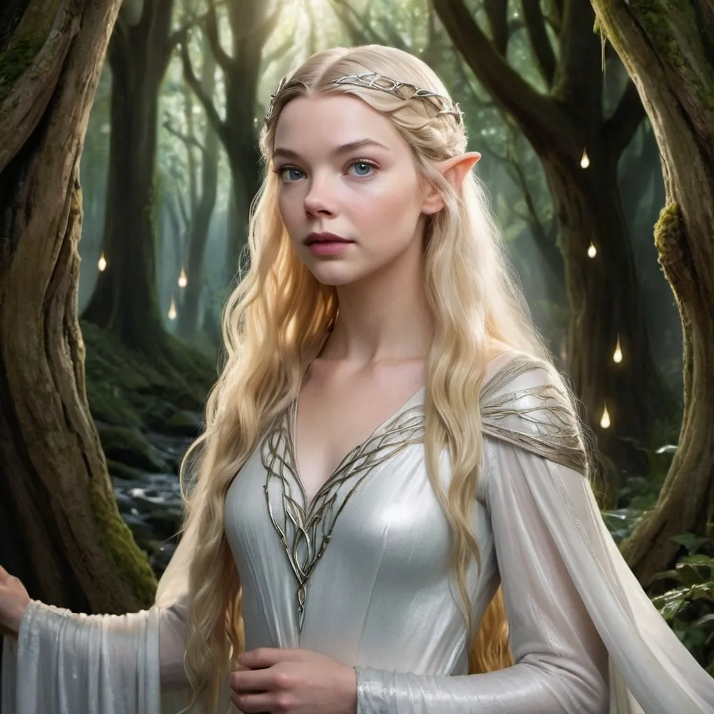 Prompt: Create a highly detailed portrait of actress Anya Taylor-Joy as Galadriel from 'The Lord of the Rings.' The visual style should reflect the interpretation from Peter Jackson's films, with a majestic and ethereal presence. Anya should be wearing a flowing, silver gown with intricate Elvish designs, her hair long and golden, cascading in soft waves. She stands in a serene Elvish forest, surrounded by ancient trees and glowing lights. Her expression is wise and powerful, capturing the grace and strength of Galadriel as portrayed in the movies