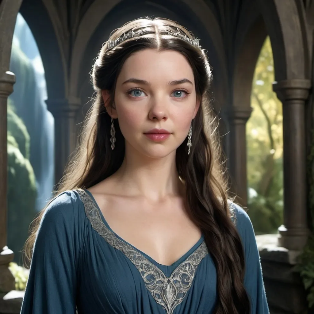 Prompt: Create a highly detailed portrait of  actressAnya Taylor-Joy as Arwen Undómiel from 'The Lord of the Rings.'  The style should reflect Peter Jackson's films, with Lis depicted in a flowing, deep-blue Elvish gown adorned with silver embroidery. Her hair should be long, dark, and slightly wavy, cascading over her shoulders. She stands in the enchanting Rivendell, surrounded by ancient architecture and glowing light. Her expression is serene and filled with a quiet strength, embodying the grace and beauty of Arwen as portrayed in the movies