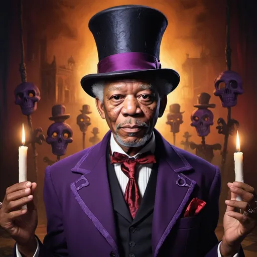 Prompt: Create a detailed character portrait of actor Morgan Freeman as Dr. Facilier (also known as the Shadow Man) from 'The Princess and the Frog.' He should be dressed in a sophisticated, dark purple suit with a tall, feathered top hat, and a red waistcoat with a skull brooch. His expression should be both charismatic and sinister, capturing the essence of a voodoo magician. The background should feature elements of New Orleans’ mystique, with shadowy figures and glowing, mystical symbols. The atmosphere should be eerie yet captivating, reflecting the dark magic associated with the character