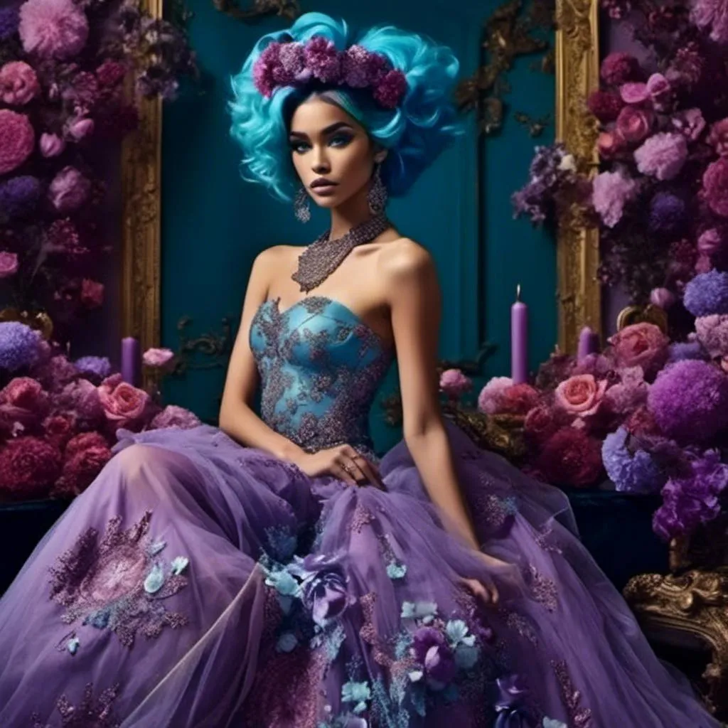 Prompt: <mymodel> a woman,Long purple and light blue hair styled in Afro with Messy Top Knot, in a purple dress with flowers on her head and a crown on her head and a dress made of flowers, David LaChapelle, renaissance, goddess, a fashion picture