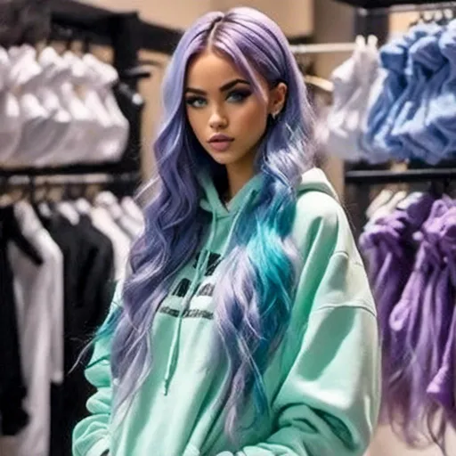 Prompt: <mymodel>goes shopping in a Balenciaga oversized hoodie, long purple and light blue hair in a messy braid, and a pop of highlighter.