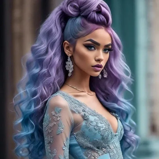 Prompt: <mymodel> Highly detailed image of a woman with Long purple and light blue hair styled in Afro with Half-Down Waves wearing a very glamorous and high fashionable highly detailed 64k 3D dress by Valentino in Rosa Valentino