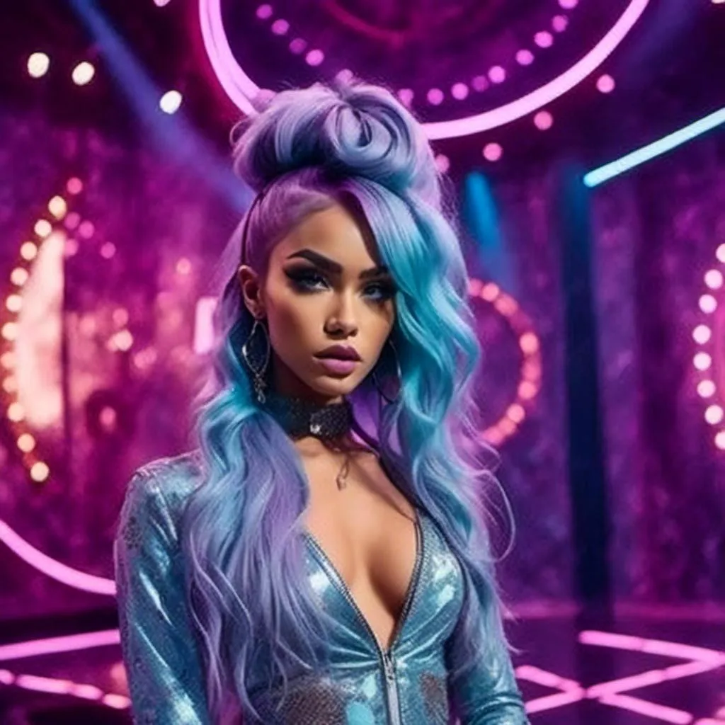 Prompt: <mymodel>a woman,Long purple and light blue hair styled in Afro with Messy High Ponytail, in a bodysuit  on stage with lights behind her and a stage behind her, David LaChapelle, afrofuturism, full length, a marble sculpture