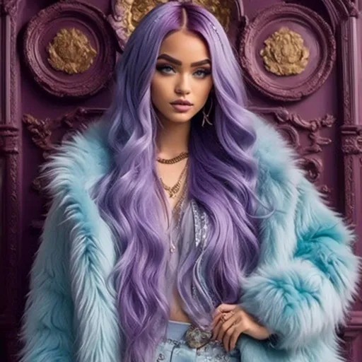 Prompt: <mymodel>a woman,Long purple and light blue hair styled Waves with Braids, in a fur coat with a sign that reads, learn how to create a fake fur coat, Ai-Mitsu, american barbizon school, art nouveau fashion embroidered, a flemish Baroque