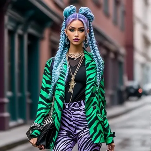 Prompt: <mymodel> a woman,
Long purple and light blue hair styled in Afro with Half-Up Braids
, in a zebra print jacket and black pants walking down a street with a green purse in her hand, , maximalism, stylized, a marble sculpture