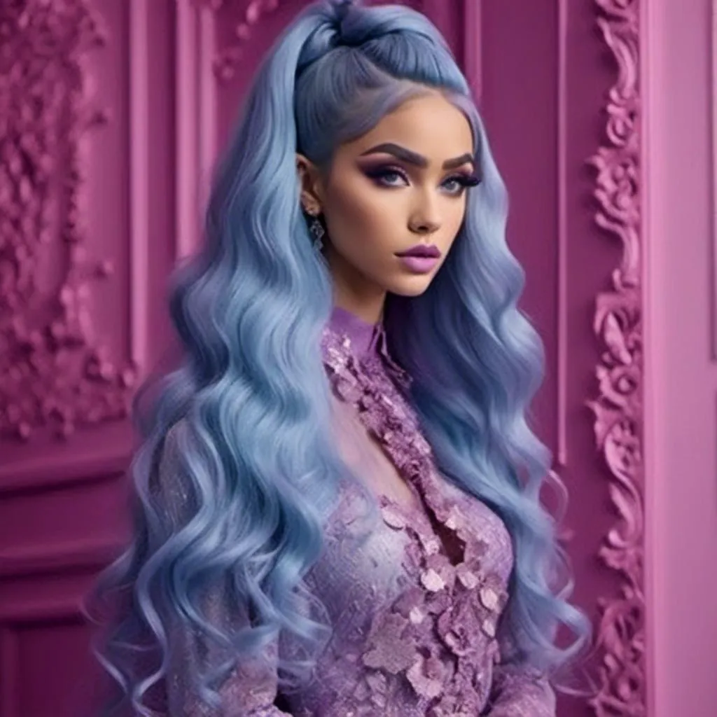 Prompt: <mymodel> Highly detailed image of a woman with Long purple and light blue hair styled in Afro with Half-Down Waves wearing a very glamorous and high fashionable highly detailed 64k 3D dress by Valentino in Rosa Valentino