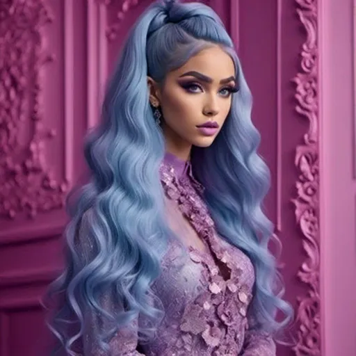 Prompt: <mymodel> Highly detailed image of a woman with Long purple and light blue hair styled in Afro with Half-Down Waves wearing a very glamorous and high fashionable highly detailed 64k 3D dress by Valentino in Rosa Valentino
