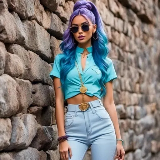 Prompt: <mymodel>a woman,
Long purple and light blue hair styled in Afro with Half-Up with Braids,standing in front of a stone wall wearing a gold skirt and denim shirt with a pair of sunglasses, Eva Gonzalès, maximalism, neutral colors, a picture