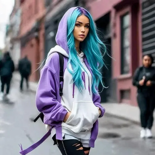 Prompt: <mymodel>crosses a busy street in an Off-White oversized hoodie, long purple and light blue hair in a half-up, half-down style, and winged eyeliner.