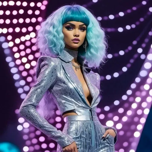 Prompt: <mymodel> a woman,Long purple and light blue hair styled in Afro with Side Braids, in a silver suit and hat on stage with a fur stoler on her head and a white fur stoler on her shoulder, Alexander McQueen, afrofuturism, diamonds, a hologram