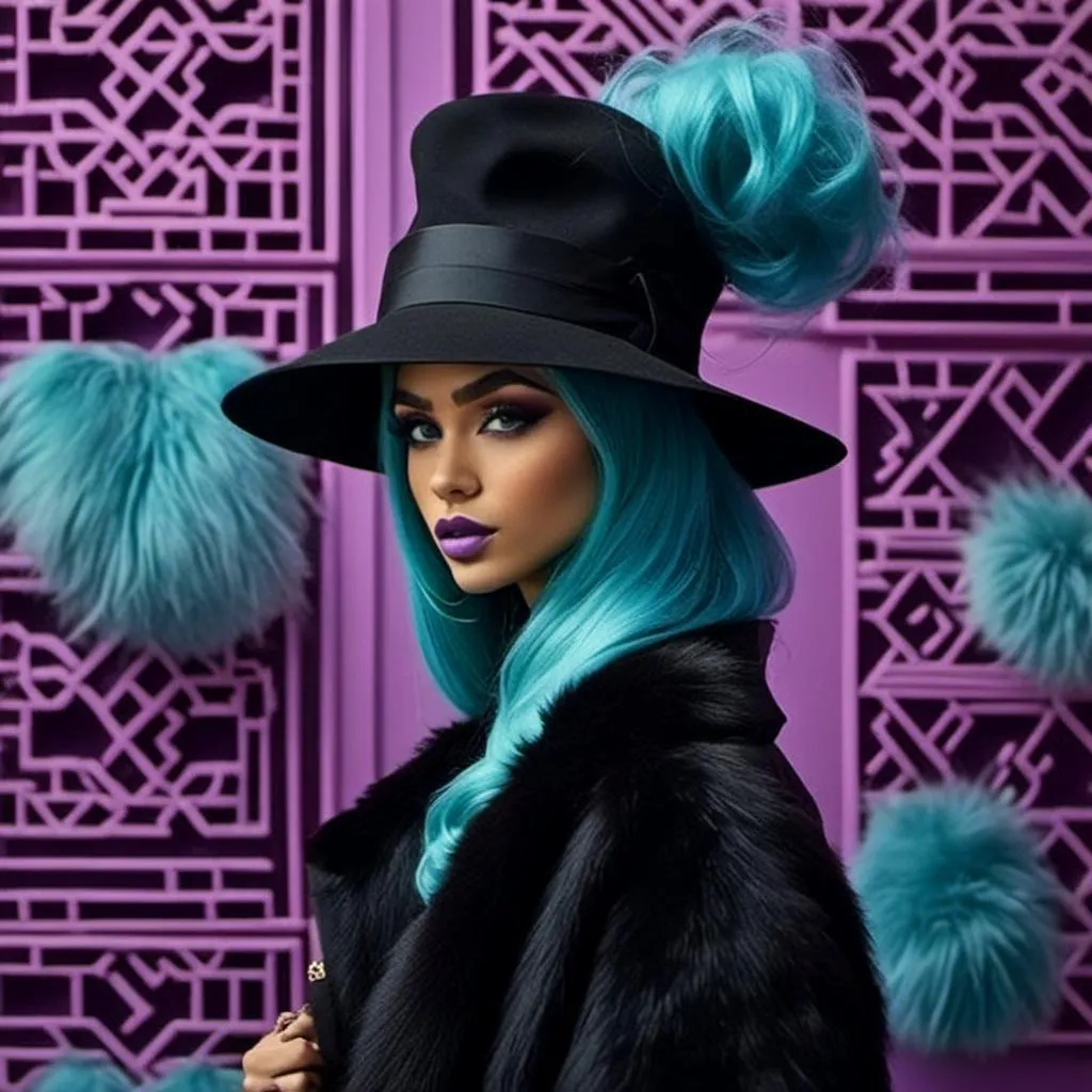 Prompt: <mymodel> a woman,Long purple and light blue hair styled in French Twist, in a black dress and a black hat with a big furry coat on her shoulders and a black hat on her head, Bouchta El Hayani, harlem renaissance, vogue, a poster