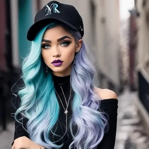 Prompt: <mymodel>a woman,Long purple and light blue hair styled in Pin Curls, in a black and white outfit and hat with a black belt and a black hat on her head, Constance-Anne Parker, minimalism, fashion, a colorized photo