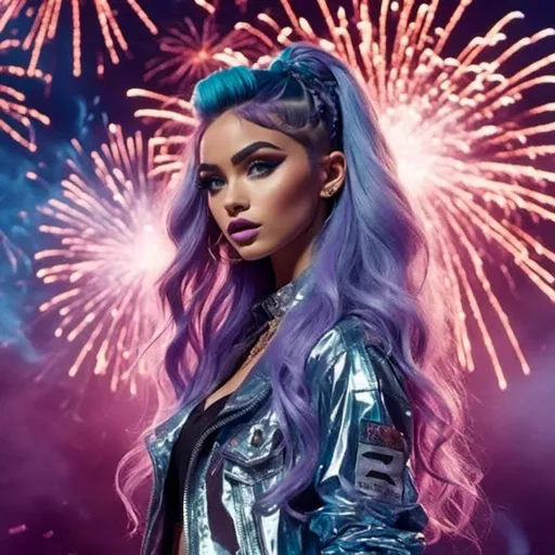 Prompt: <mymodel>a women,Long purple and light blue hair styled in Afro with Braided Half-Up, in silver outfits standing  in front of a fireworks display with smoke coming out of the back, David LaChapelle,  stunning visuals, a hologram