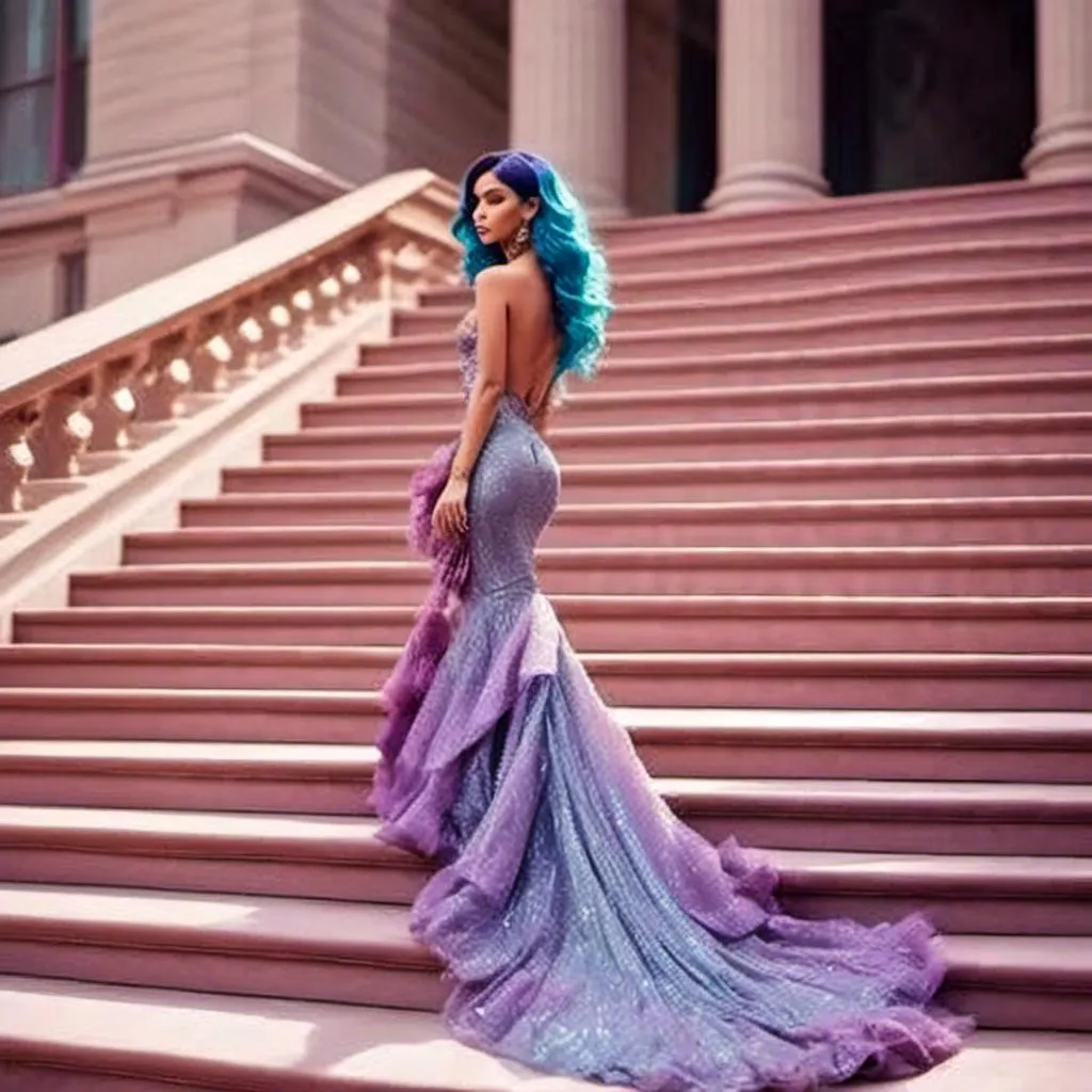 Prompt: <mymodel>Glamour photography of stunningly beautiful woman with long wavy purple and light blue  hair on the Met Gala steps in New York wearing designer gold and pink gown with long train, intricate details, glitter and jewels, posed 3/4 turn standing, sensual expression, in the style of Guy Aroch

