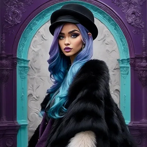 Prompt: <mymodel> a woman,Long purple and light blue hair styled in French Twist, in a black dress and a black hat with a big furry coat on her shoulders and a black hat on her head, Bouchta El Hayani, harlem renaissance, vogue, a poster
