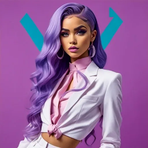 Prompt: <mymodel>a woman,
Long purple and light blue hair styled in Afro with Low Braided Bun
, in a white suit and pants standing in front of a purple background with a pink background and a white background, Chinwe Chukwuogo-Roy, pop art, purple, an album cover