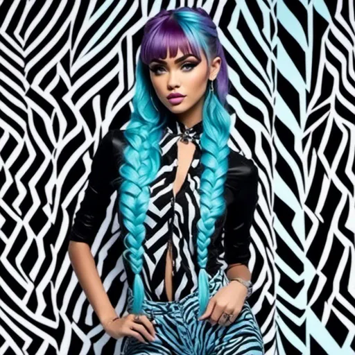 Prompt: <mymodel>a woman,
Long purple and light blue hair styled in Waterfall Braided Ponytail
, in a bodysuit with a zebra print on it and a black background with a black curtain, Chinwe Chukwuogo-Roy, optical illusion, symmetrical features, a photocopy