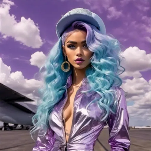 Prompt: <mymodel>a woman,
Long purple and light blue hair styled in Afro with Curly Top Knot
, in a silver suit and hat walking on a runway with a sky background and clouds in the background, David LaChapelle, neo-dada, goddess, a poster