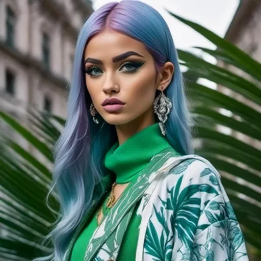 Prompt: <mymodel>a model ,Long purple and light blue hair styled in High Ponytail with a Wrap,walks down the runway in a green and white sweater and skirt with a palm leaf print on it, Alexander McQueen, maximalism, jungle, a marble sculpture