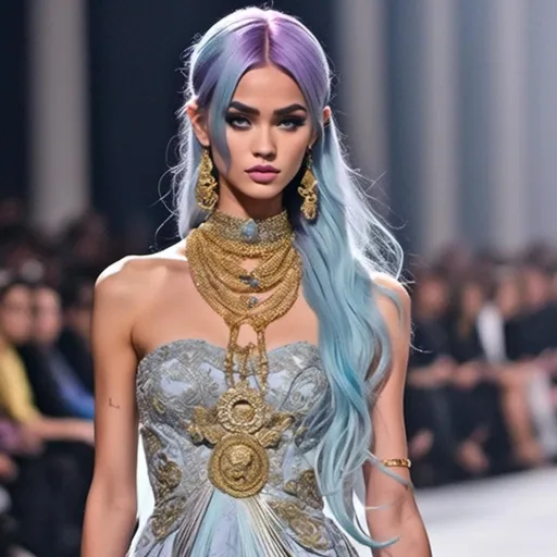 Prompt: <mymodel>a model,Long purple and light blue hair styled in Twisted Half-Up, walks down the runway in a silver dress with gold fringes on it's shoulders and a gold necklace on her neck, Alexander McQueen, neoclassicism, fantastically gaudy, a marble sculpture