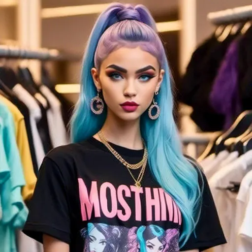 Prompt: <mymodel>goes shopping in a Moschino graphic tee, long purple and light blue hair in a high ponytail, and coral lipstick.