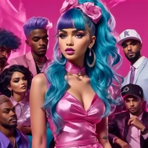 Prompt: <mymodel> a woman,Long purple and light blue hair styled in Afro with Half-Up Half-Down,in a pink dress singing into a microphone with other people behind her and a man in a pink suit, David LaChapelle, harlem renaissance, illustrated, a fashion picture