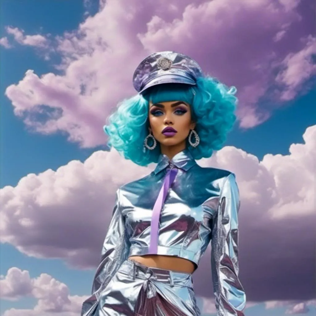 Prompt: <mymodel>a woman,
Long purple and light blue hair styled in Afro with Curly Top Knot
, in a silver suit and hat walking on a runway with a sky background and clouds in the background, David LaChapelle, neo-dada, goddess, a poster