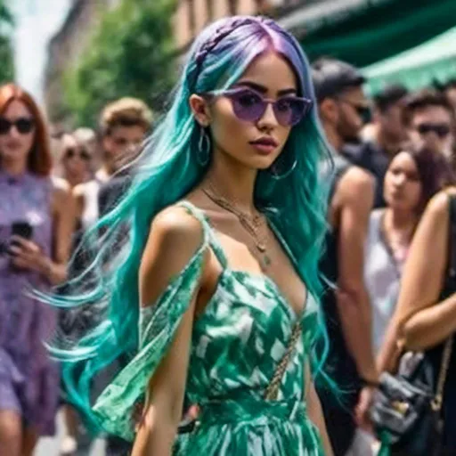 Prompt: <mymodel>a woman,Long purple and light blue hair styled in Half-Up Half-Down with Braids, in a green and white dress and pink sunglasses walking down a street with a crowd of people, Andrea Orcagna, maximalism, summer vibrancy, an impressionist painting