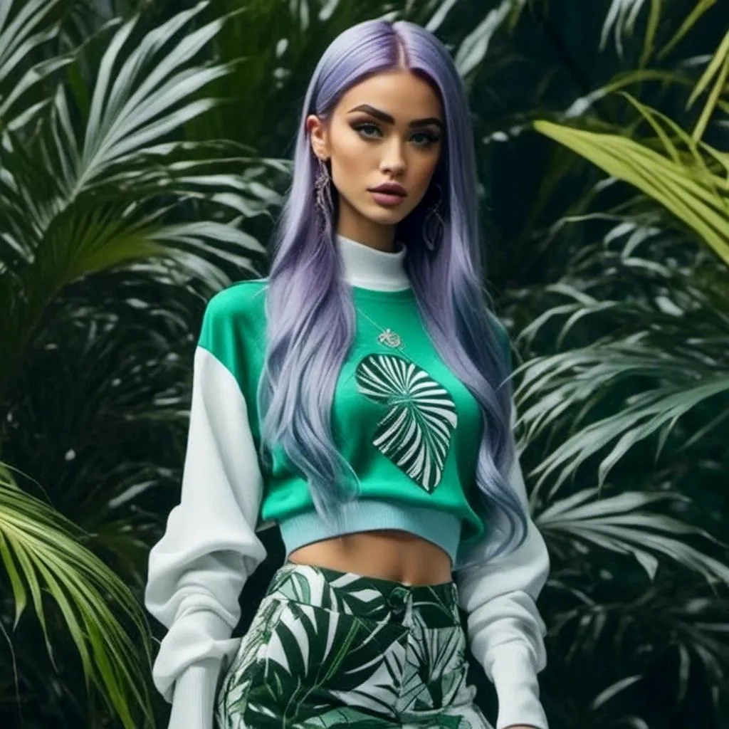 Prompt: <mymodel>a model ,Long purple and light blue hair styled in High Ponytail with a Wrap,walks down the runway in a green and white sweater and skirt with a palm leaf print on it, Alexander McQueen, maximalism, jungle, a marble sculpture