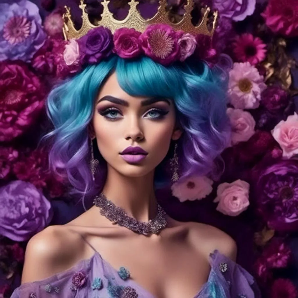 Prompt: <mymodel> a woman,Long purple and light blue hair styled in Afro with Messy Top Knot, in a purple dress with flowers on her head and a crown on her head and a dress made of flowers, David LaChapelle, renaissance, goddess, a fashion picture