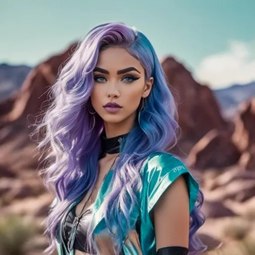 Prompt: <mymodel>a woman,
Long purple and light blue hair styled in Side-Swept Curls
, in a swimsuitand boots posing for a picture in a desert setting with a rock and grass, Alex Grey, retrofuturism, promotional image, concept art