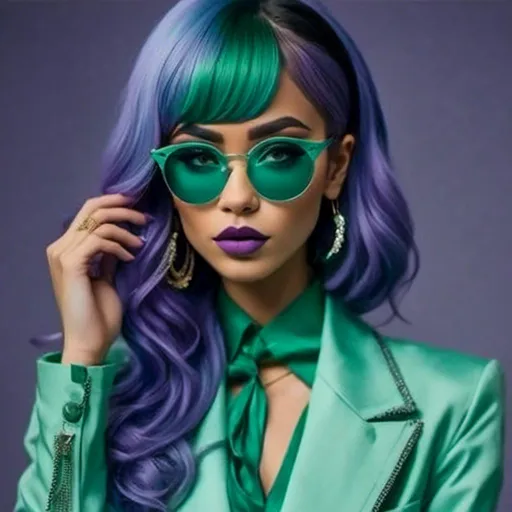 Prompt: <mymodel> a woman,Long purple and light blue hair styled in Gibson Tuck, in a green suit and sunglasses holding her hands to her face with both hands and her eyes closed, Chinwe Chukwuogo-Roy, art deco, green, a picture
