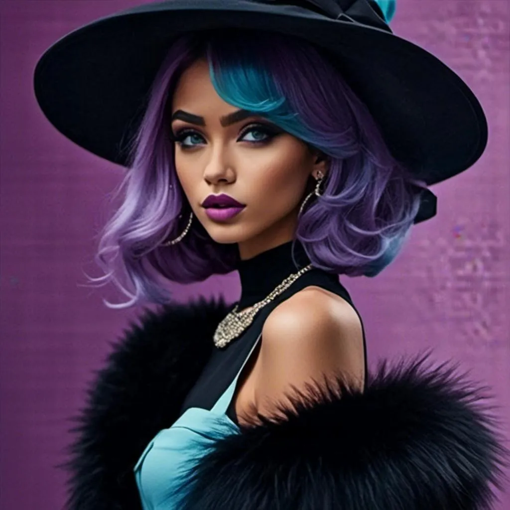 Prompt: <mymodel> a woman,Long purple and light blue hair styled in French Twist, in a black dress and a black hat with a big furry coat on her shoulders and a black hat on her head, Bouchta El Hayani, harlem renaissance, vogue, a poster