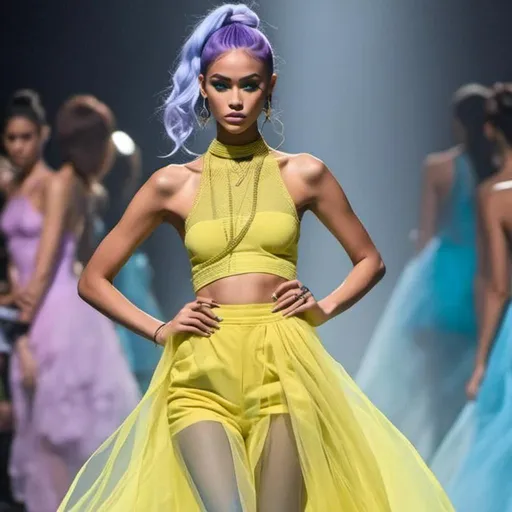 Prompt: <mymodel>a model,Long purple and light blue hair styled in Braided Afro, walks down the runway in a yellow dress with sheer mesh on it and a sheer skirt on the bottom, Carol Bove, neoclassicism, neon colors, a fashion picture