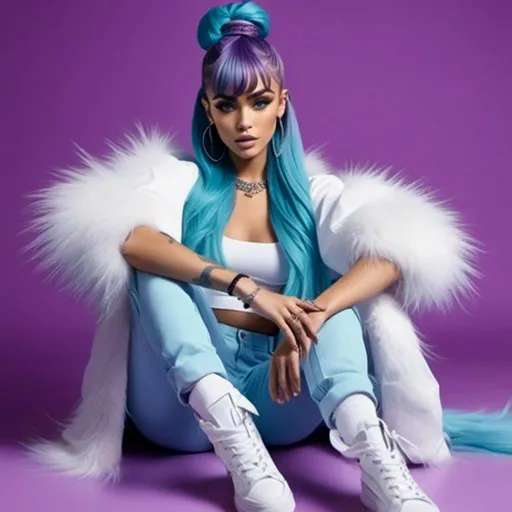 Prompt: <mymodel>a woman,Long purple and light blue hair styled in Sleek Bun, in a white outfit and fur coat posing for a picture with her arms out and her legs spread out, Alexis Simon Belle, private press, hq, an album cover