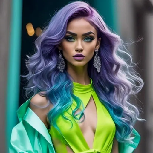 Prompt: <mymodel>a model,
Long purple and light blue hair styled in Glamour Waves
, walks the runway in a neon green outfit with a high slit skirt and high heels with a high neckline, Carla Wyzgala, maximalism, fantastically gaudy, a poster