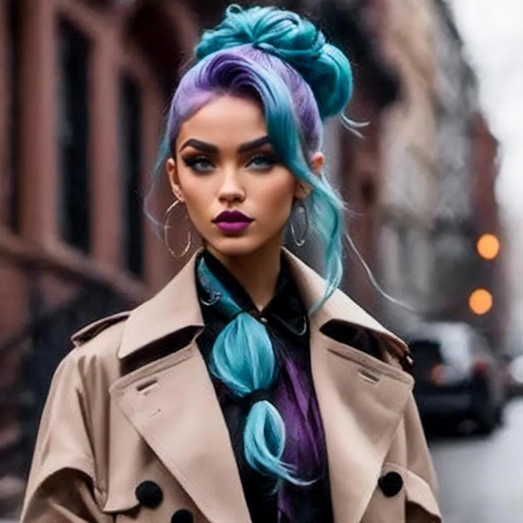 Prompt: <mymodel>crosses a busy street in a Gucci trench coat, long purple and light blue hair in a messy bun, and glossy lips.