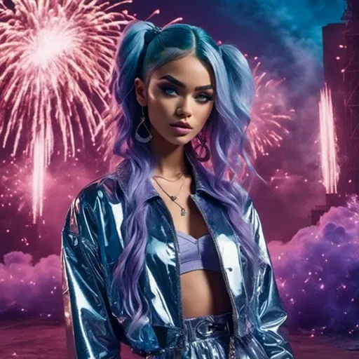 Prompt: <mymodel>a women,Long purple and light blue hair styled in Afro with Braided Half-Up, in silver outfits standing  in front of a fireworks display with smoke coming out of the back, David LaChapelle,  stunning visuals, a hologram