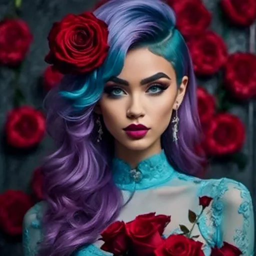 Prompt: <mymodel>a woman,Long purple and light blue hair styled in Pompadour,in a bodysuit with roses on it and a red rose behind her is posing for a picture, Daphne Fedarb, neo-romanticism, roses, a poster