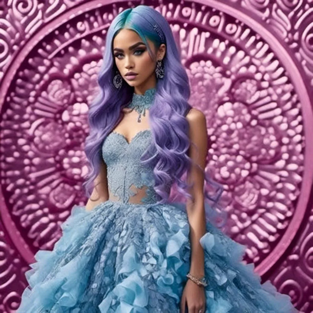 Prompt: <mymodel> Highly detailed image of a woman with Long purple and light blue hair styled in Afro with Half-Down Waves wearing a very glamorous and high fashionable highly detailed 64k 3D dress by Valentino in Rosa Valentino