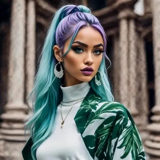 Prompt: <mymodel>a model ,Long purple and light blue hair styled in High Ponytail with a Wrap,walks down the runway in a green and white sweater and skirt with a palm leaf print on it, Alexander McQueen, maximalism, jungle, a marble sculpture