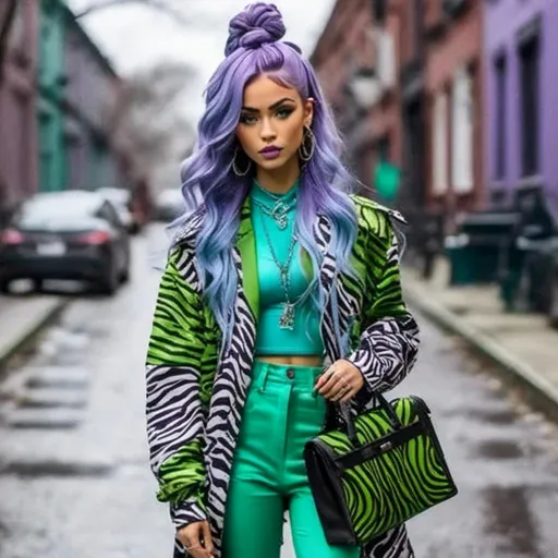 Prompt: <mymodel> a woman,
Long purple and light blue hair styled in Afro with Half-Up Braids
, in a zebra print jacket and black pants walking down a street with a green purse in her hand, , maximalism, stylized, a marble sculpture