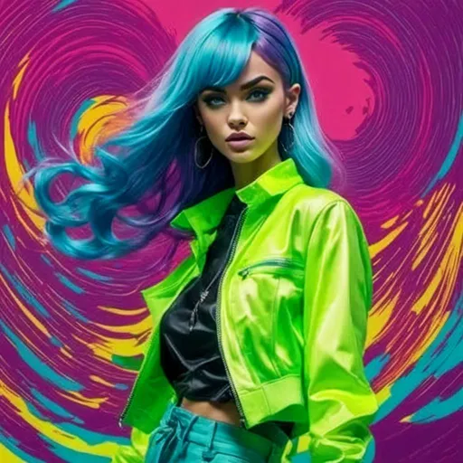 Prompt: <mymodel>a woman in a neon yellow outfit is dancing with her purple and light blue hair in the wind and her hair in the wind, Anna Katharina Block, pop art, green, an album cover