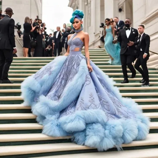 Prompt: <mymodel>Glamour photography of stunningly beautiful woman,Long purple and light blue hair styled in Afro with Braided Low Bun, on the Met Gala steps in New York wearing designer gown with long train, intricate details, in the style of Guy Aroch