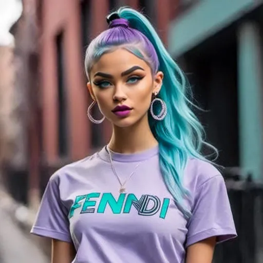 Prompt: <mymodel> explores a trendy neighborhood in a Fendi logo tee, long purple and light blue hair in a high ponytail, and coral lipstick.