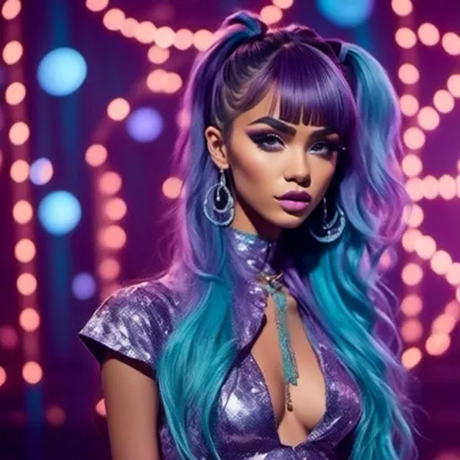 Prompt: <mymodel>a woman,Long purple and light blue hair styled in Afro with Messy High Ponytail, in a bodysuit  on stage with lights behind her and a stage behind her, David LaChapelle, afrofuturism, full length, a marble sculpture