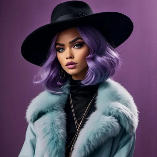 Prompt: <mymodel> a woman,Long purple and light blue hair styled in French Twist, in a black dress and a black hat with a big furry coat on her shoulders and a black hat on her head, Bouchta El Hayani, harlem renaissance, vogue, a poster