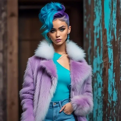 Prompt: <mymodel>a woman,Long purple and light blue hair styled in Messy Bun, in a blue outfit and fur coat standing in a room with wooden walls and a wooden floor, Chinwe Chukwuogo-Roy, private press, blueprint, an album cover