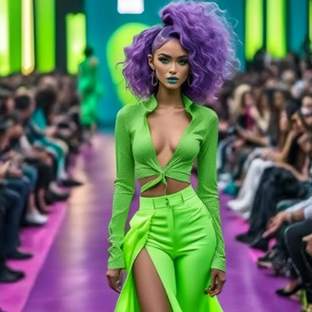 Prompt: <mymodel>a model,
Long purple and light blue hair styled in Afro with Twists
, walks the runway in a neon green outfit with a high slit skirt and high heels with a high neckline, Carla Wyzgala, maximalism, fantastically gaudy, a poster